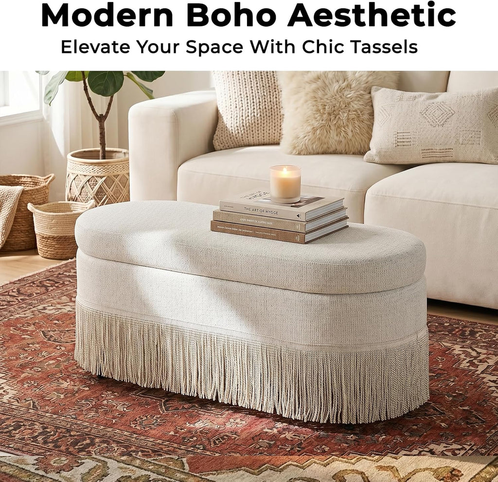 39.4" Boho Storage Ottoman Bench with Tassels,Upholstered End of Bed Bench | Linen Oval Ottoman with Storage
