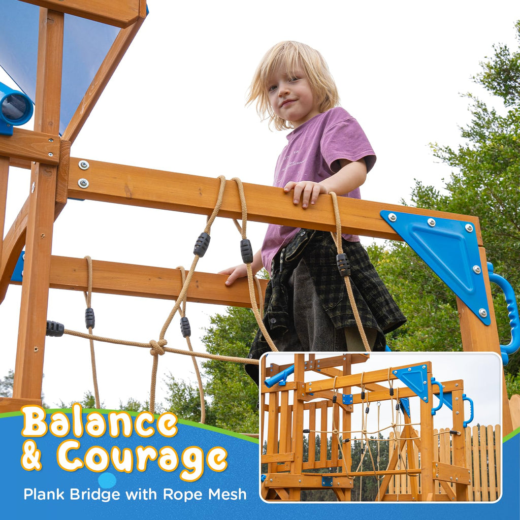 Playground Wooden Swing Sets for Backyard with Plank Bridge
