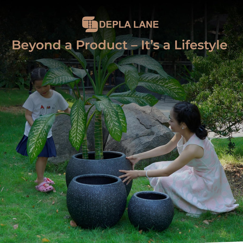 Marlo Fiberstone Round Planter, Ribbed Finishes (L, Black) | Lightweight, UV & Crack Resistant, Modern Minimalist