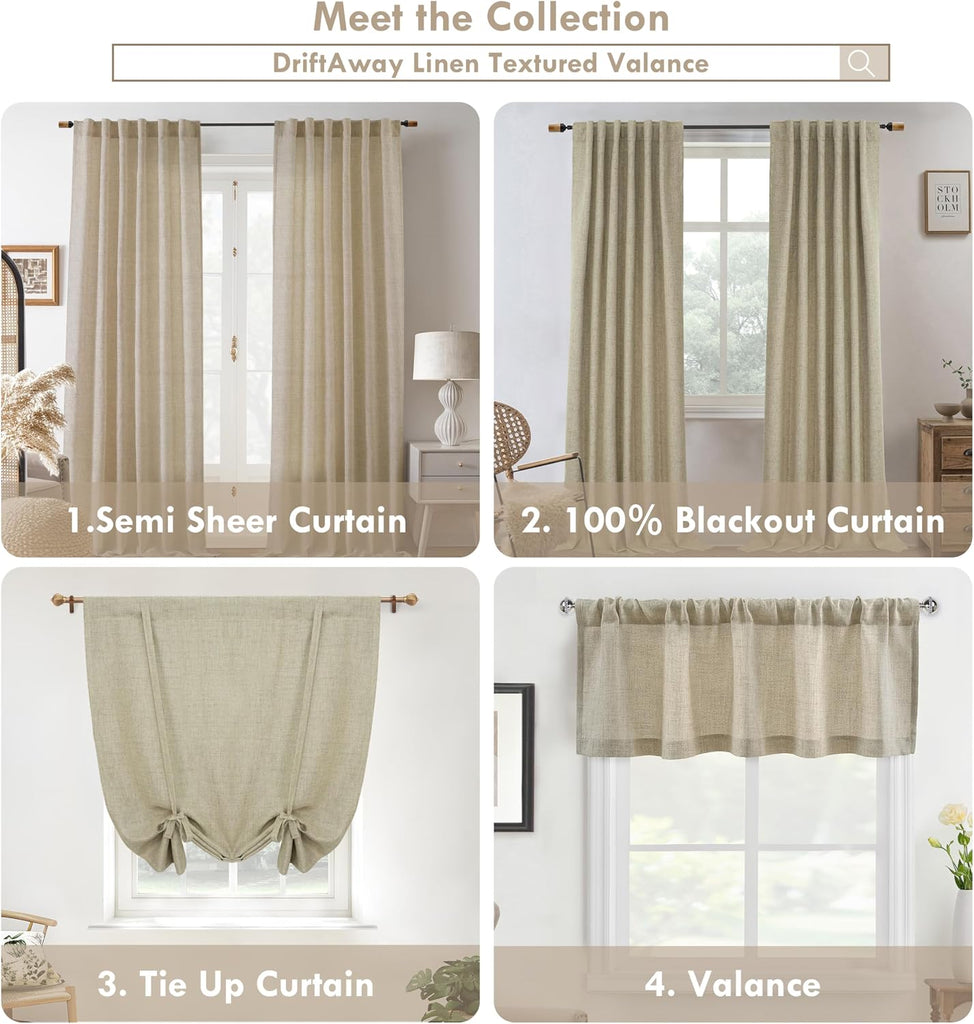 Linen Textured Curtain Valances for Windows Light Filtering 3 Inch Rod Pocket Farmhouse Country Rustic Kitchen