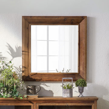 Rustic Farmhouse Wall Mirror, Solid Wood Frame Square Decorative Mirror, Country Style Accent Mirror, 32"x32"