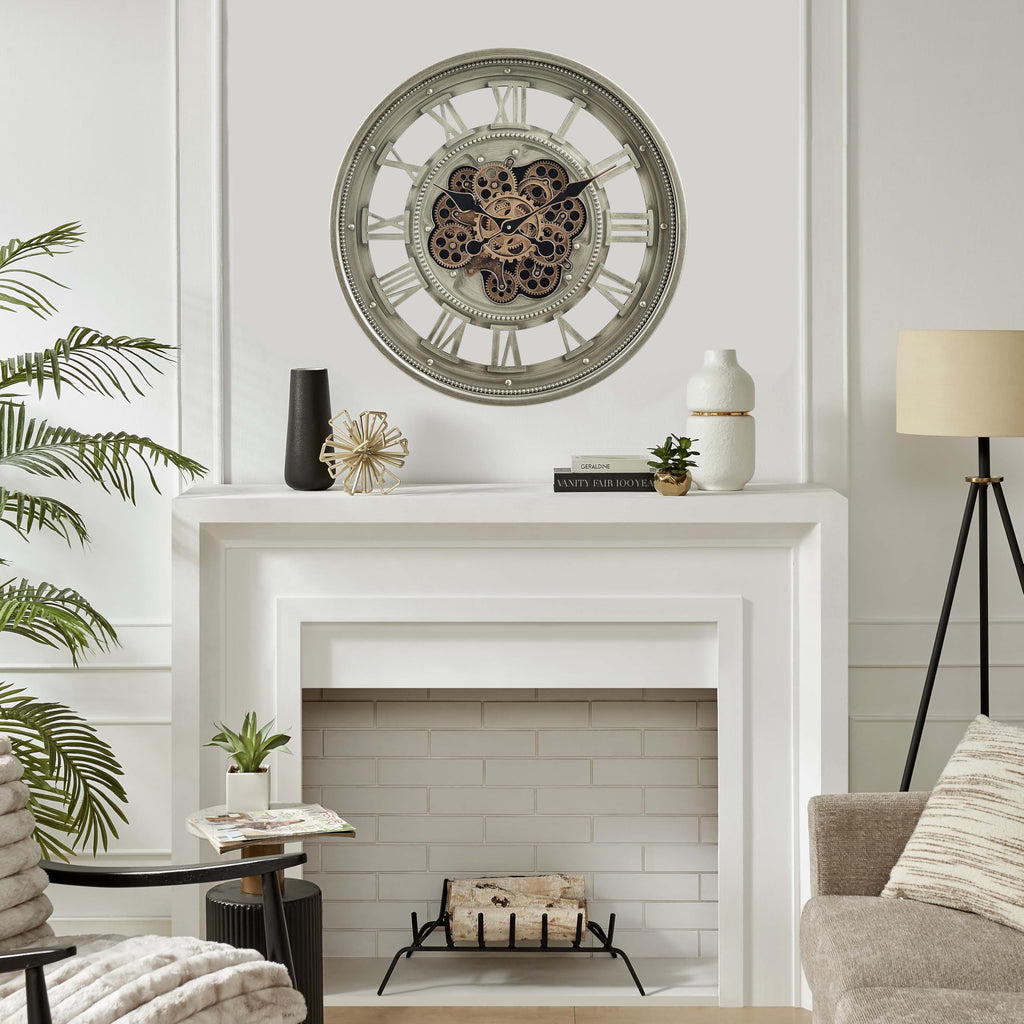 24" Moving Gear Wall Clock, Antique Champagne