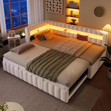 Twin XL to King Size L-Shaped Daybed with Pop-up Trundle, White | Vertical Channel Tufted Upholstered Corner Day Bed