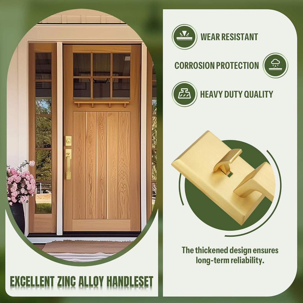 Brushed Gold Square Front Door Handle Set, Heavy Duty Entry Door Handleset with Keys