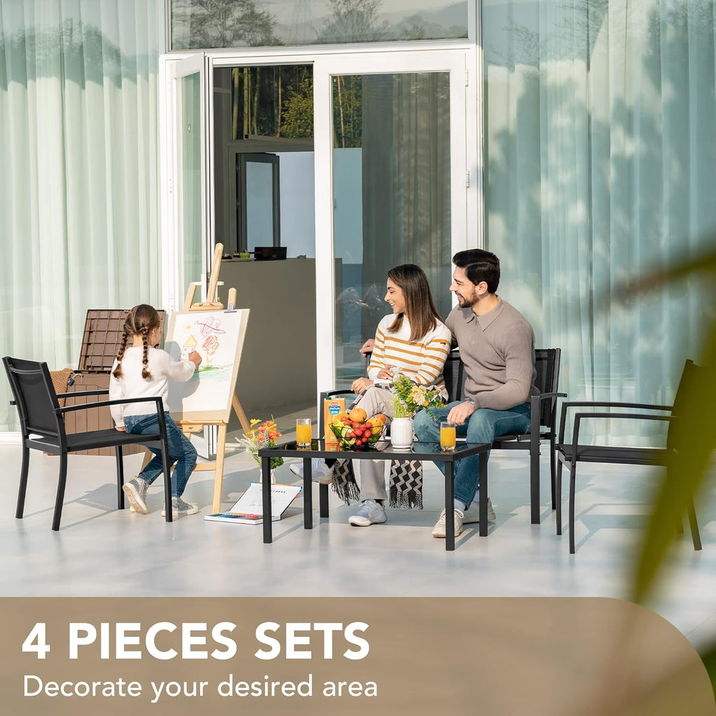 Outdoor Furniture Set 4 Piece Patio Conversation Sets Porch Furniture with Lawn Chairs & Glass Coffee Table for Garden