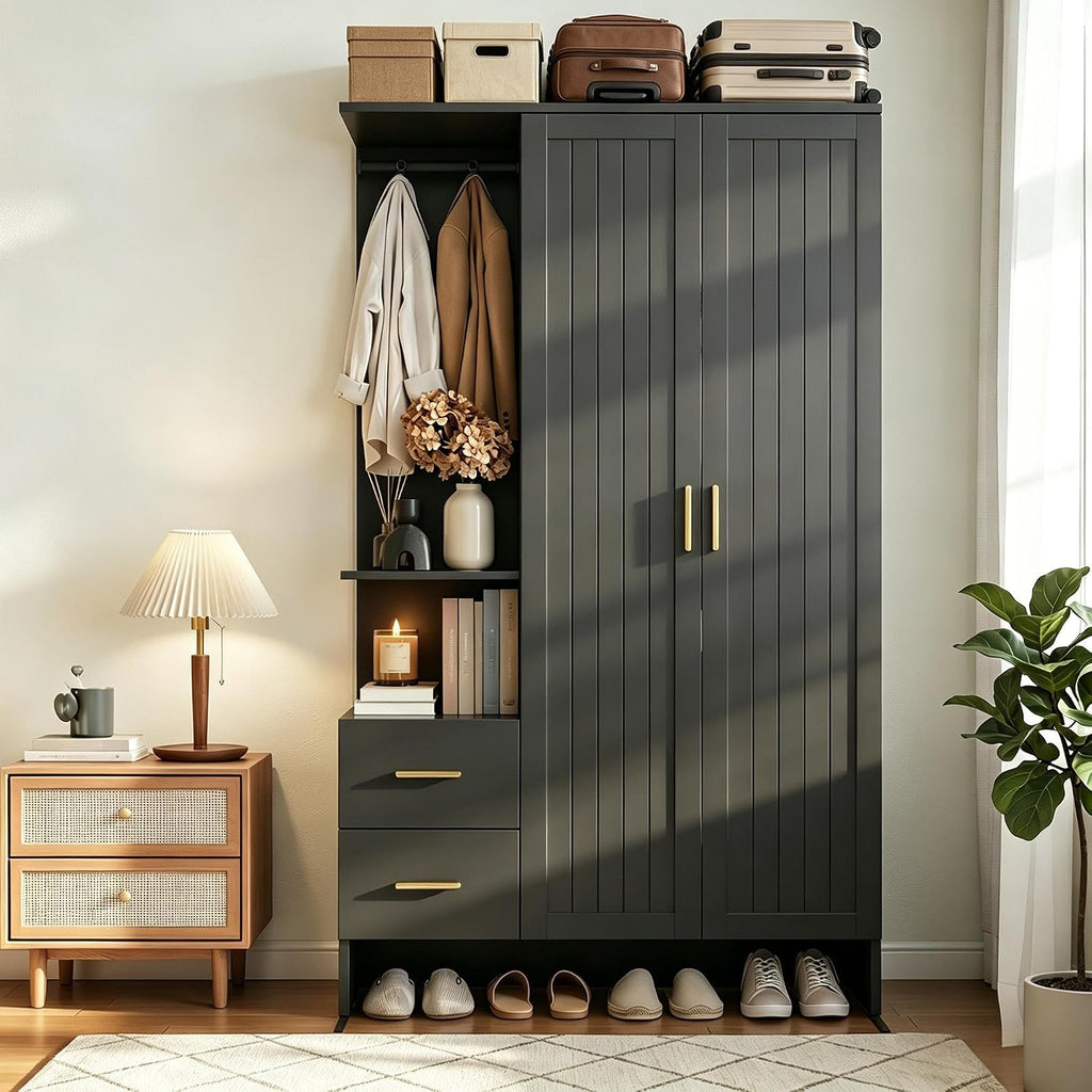 Modern Wardrobe Closet with 2 Doors & 2 Drawers, 67.8" Tall Armoire Wardrobe with Open Shelves, Freestanding Wardrobe