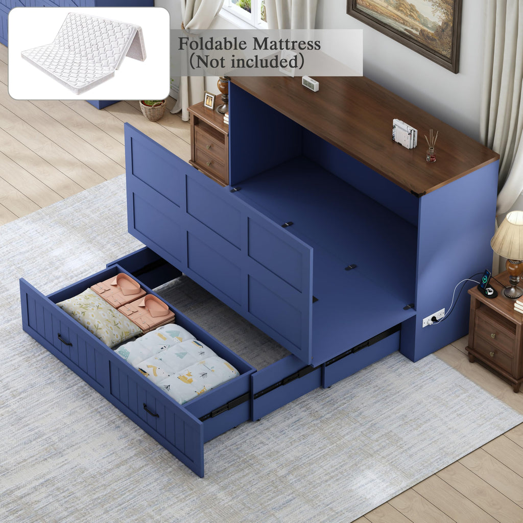 Queen Murphy Bed with Storage & Charging Station, Farmhouse Murphy Cabinet Bed with Large Drawer, Hideaway Foldable