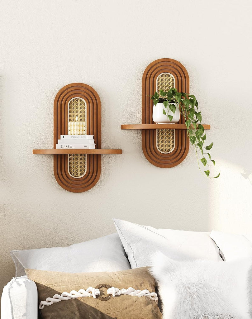 Floating Shelves for Wall, Boho Home Wall Decor,Rattan Plant Shelf Set of 2, Mid Century Small Decorative Shelf