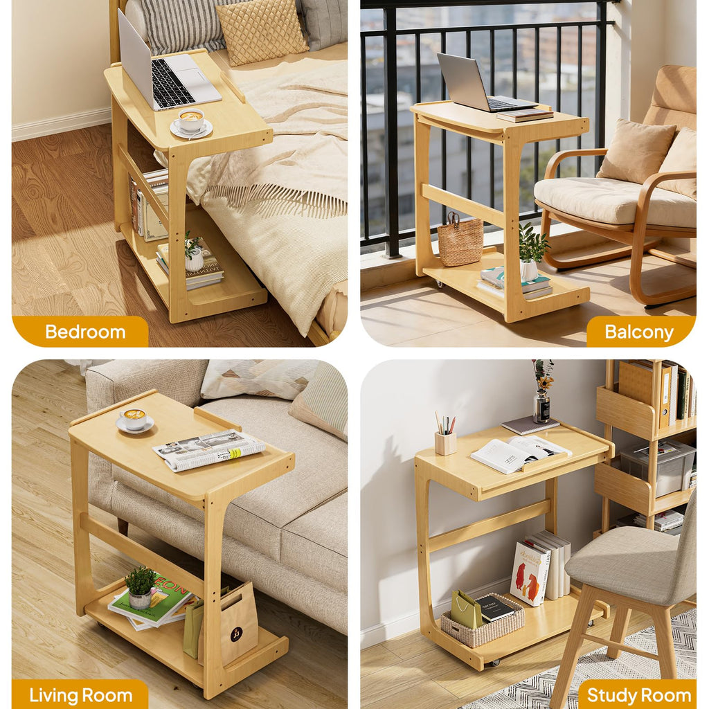C Shaped Side Table, Rolling Bamboo with Adjustable Tilt Top & Storage Shelf, Small Couch Table with Wheels, Natural