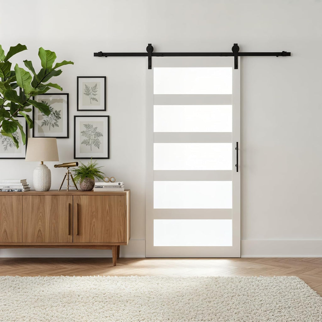 Sliding Barn Door, 36" x 84" 5-Lite Frosted Glass Door with 6FT Hardware Kit Included & Handle,Solid