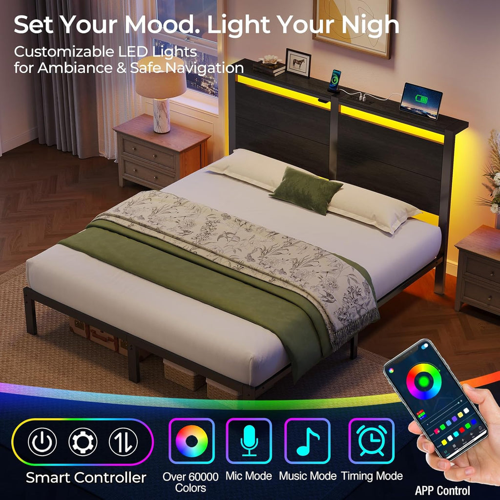 Full Bed Frame with Charging Station, LED Full Bed Frame with Wood Storage Headboard