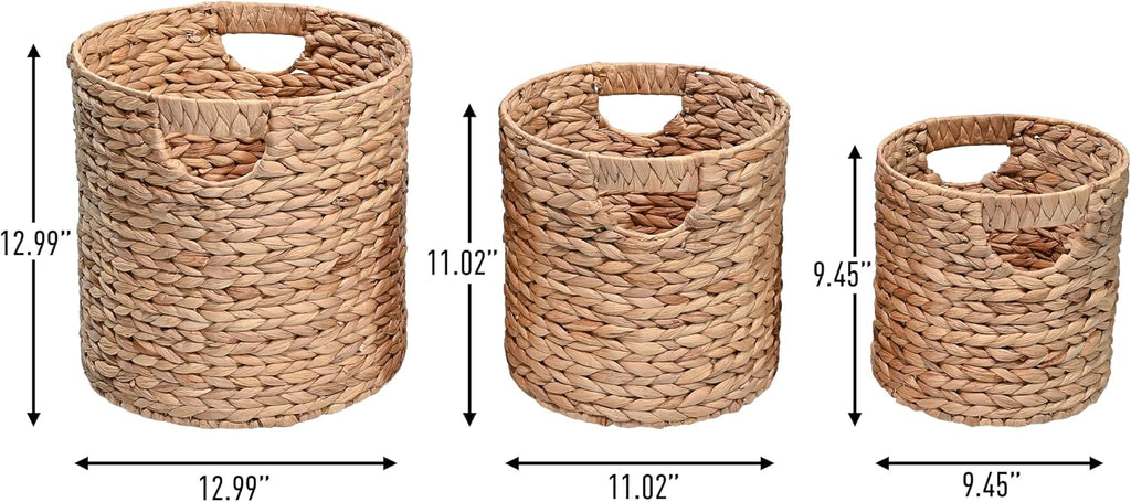Avery 3-Piece Cylinder Nesting Baskets 13", Natural | Hyacinth, Bohemian Cottage Style, Handwoven Wicker, Iron Metal