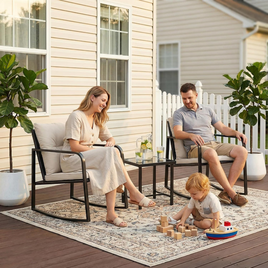 Patio Chairs 3 Piece Wicker Rocking Chair Bistro Sets, White | Outdoor Rocking Chairs with Coffee Table and Cushions