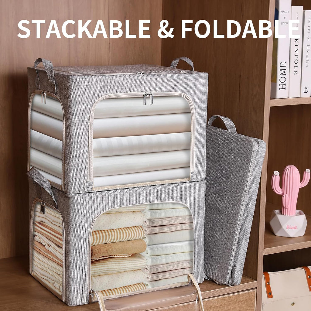 3-Side Zippered Openings Clothes Storage Bins with Thick Metal Frame, Stackable & Foldable Clothing Storage Bins with