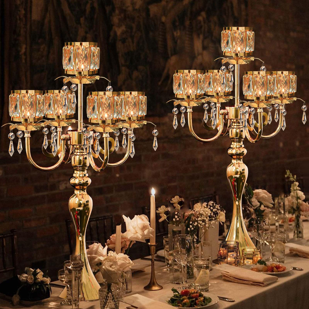 5 Arm Elegant Crystal Candle Holder, Candlestick for Wedding Table Centerpiece, 22 Inch Tall Candle Holder Table