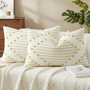 Boho Summer Outdoor Throw Pillow Covers 12X20 Set of 2, Farmhouse Lumbar Pillow Covers, Yellow & White