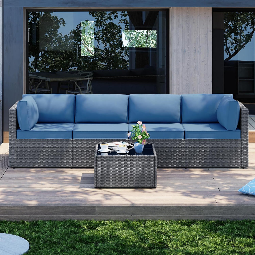 5 Piece Outdoor Sectional Sofa Set, All-Weather Wicker Rattan Patio Conversation Set - Gray & Aegean Blue