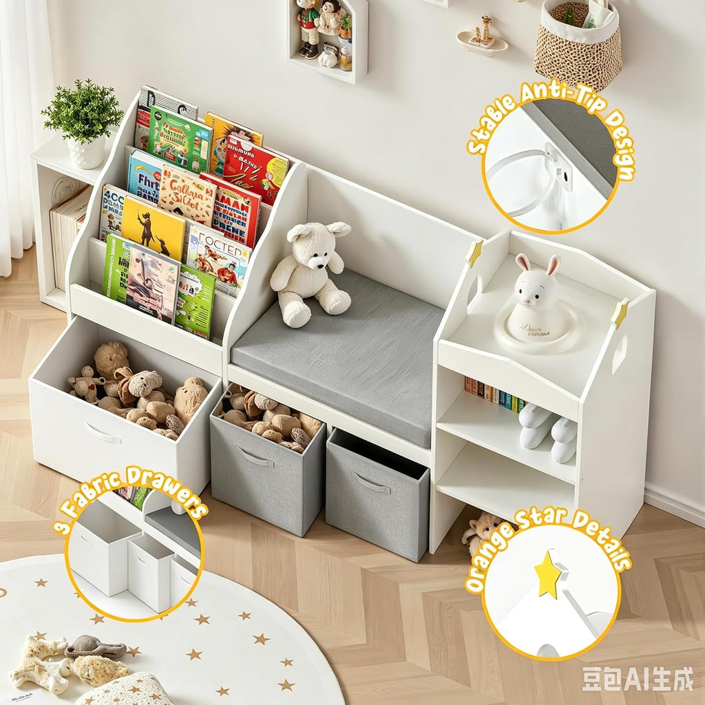 Kids Bookshelf with Reading Nook & Toy Storage, 4 Cube Bookcase with 4-Tier Book Racks, 3 Movable Fabric Drawers and