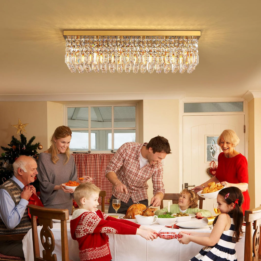 6-Light Modern Crystal Chandelier, Gold Rectangular K9 Crystal Raindrop Chandelier Flush Mount Ceiling Light Fixture