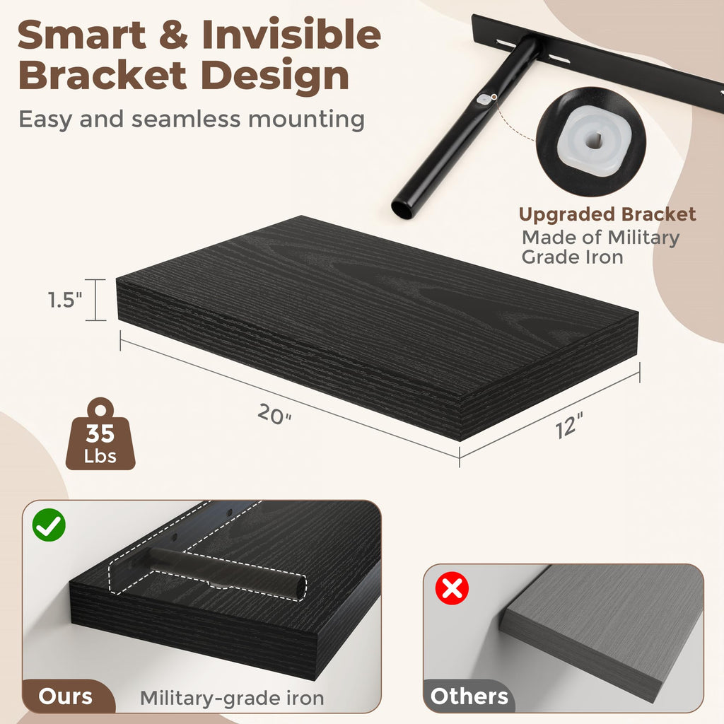 12 Inch Deep Floating Shelves for Wall, 20 x 12 Rustic Wood Gra Shelves with Invisible Brackets, Easy Install Wood