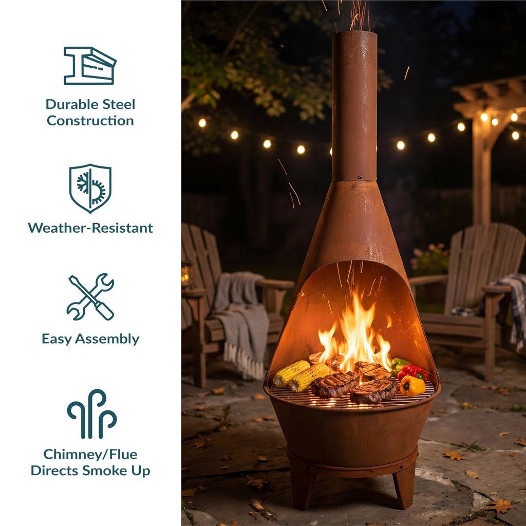 Large Chiminea Outdoor Fireplace with Grill Grate, Rustic, 58"