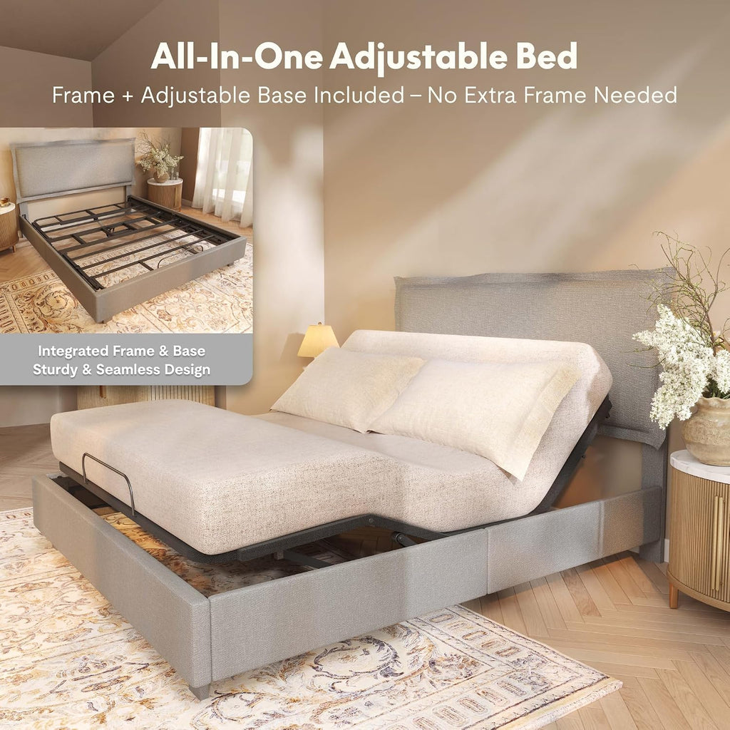 Adjustable Bed Base with Upholstered Bed Frame, Head & Foot Lift