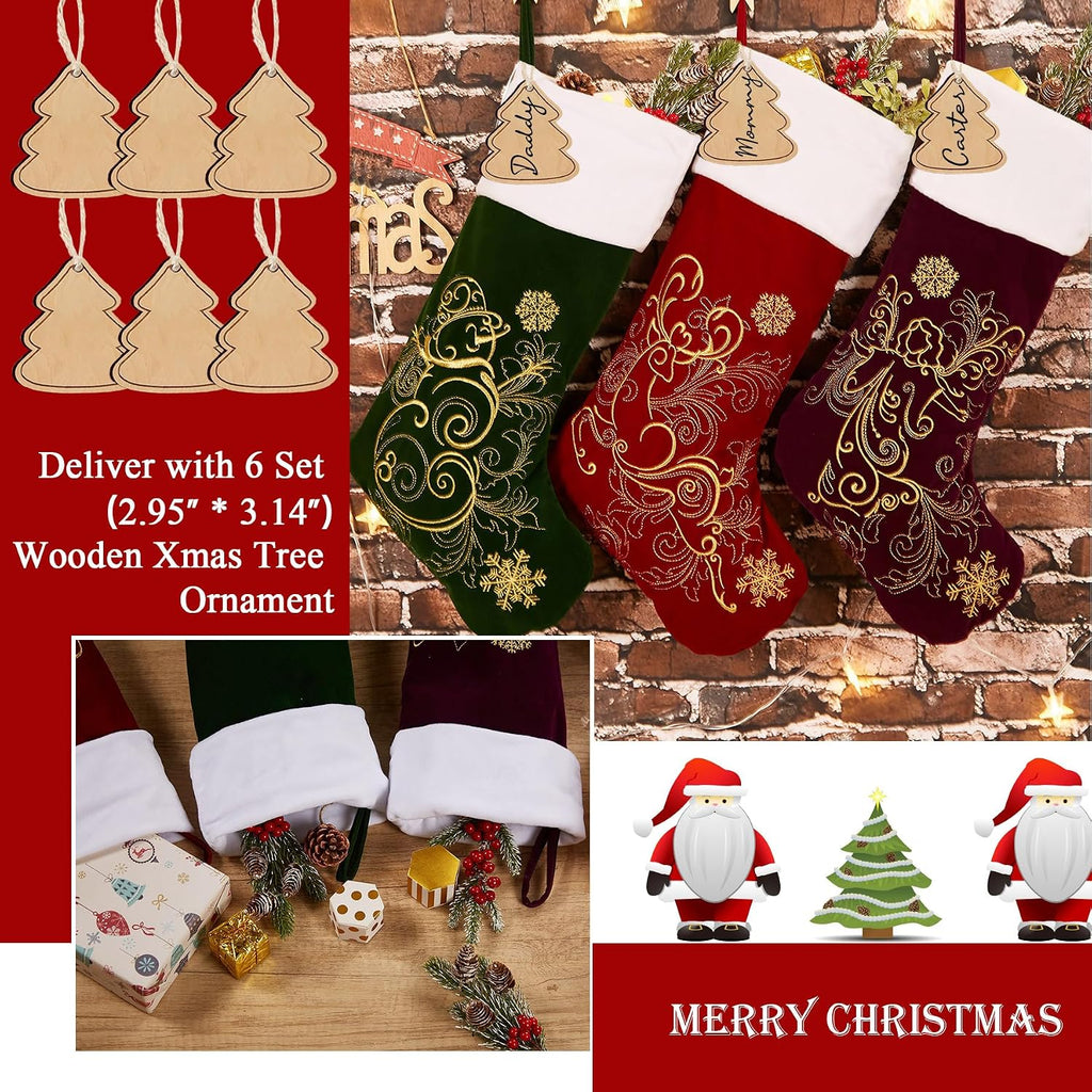 Velvet Christmas Stockings 6 Pack Large 20 Inches with Hanging Loop Embroidery Classic Luxury Family Ornament - Set of 6