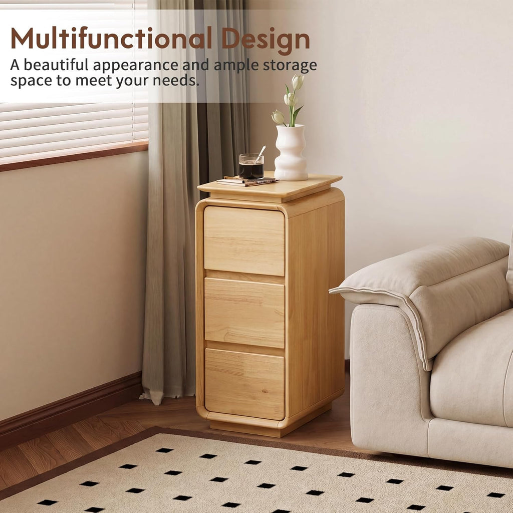 Solid Wood Nightstand, Fully Assembled Narrow Bedside Table with 3 Drawers & Hidden Handles, Mid-Century Modern End