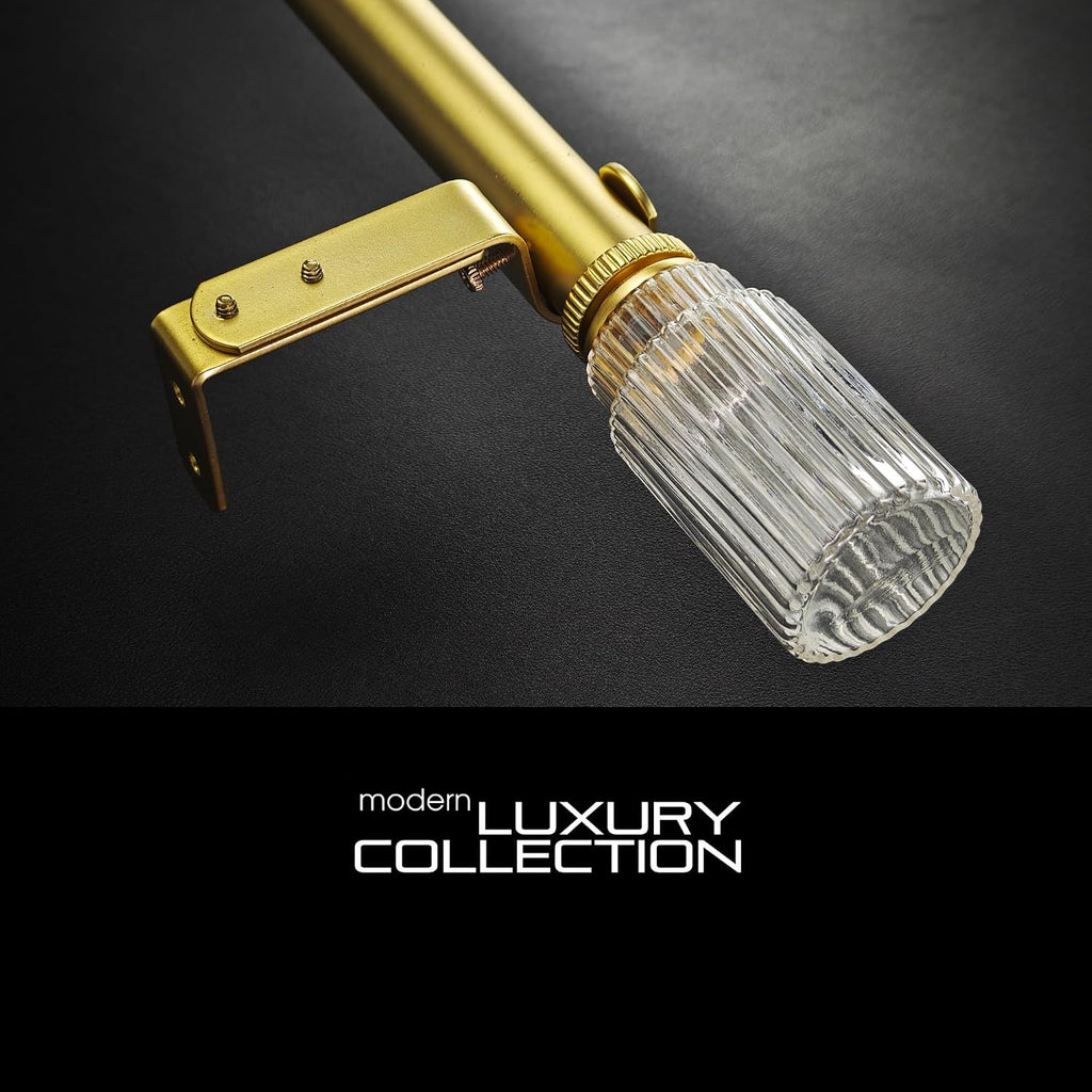 1-1/8 Inch Diameter Gold Curtain Rods with Ribbed Glass Finial, 36-72 inch Telescoping Single Curtain Rods for window