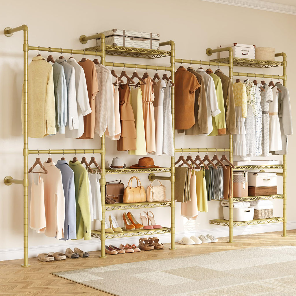 H4 Wall Mounted Closet System, Expandable Industrial Pipe Clothing Rack