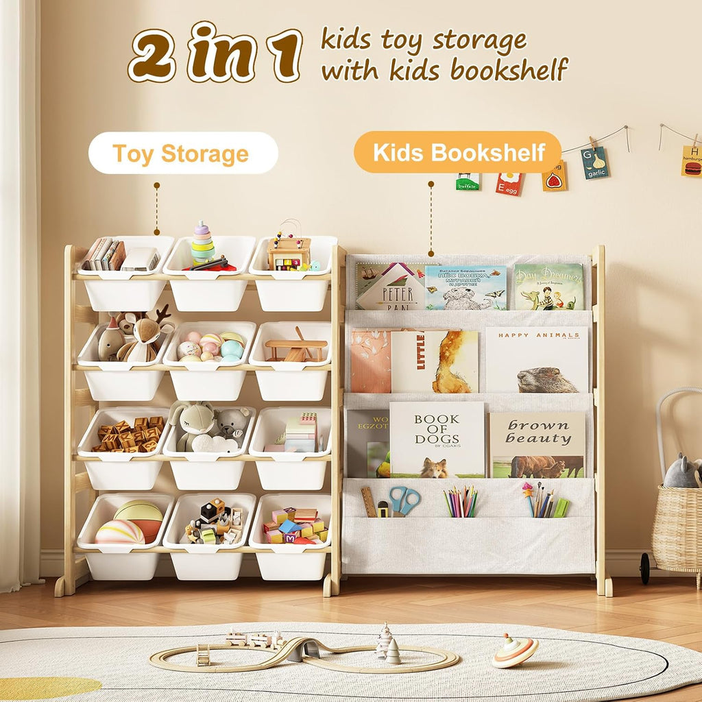 Toy Storage Organizer with Bookshelf, Kids Toy Organizer and Storage Shelf with 12 White Bins, Solid Pine Wood Book