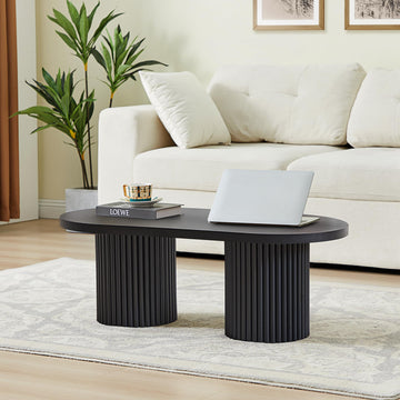 Small Fluted Coffee Table, Farmhouse Oval Wood Coffee Table, Black