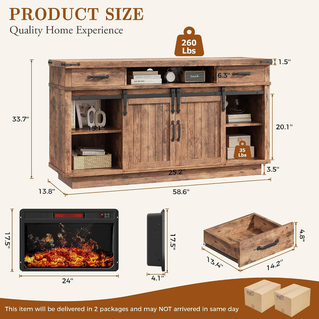 58" Farmhouse Electric Fireplace TV Stand for TVs up to 65", Entertainment Center with 2 Large Storage Drawers