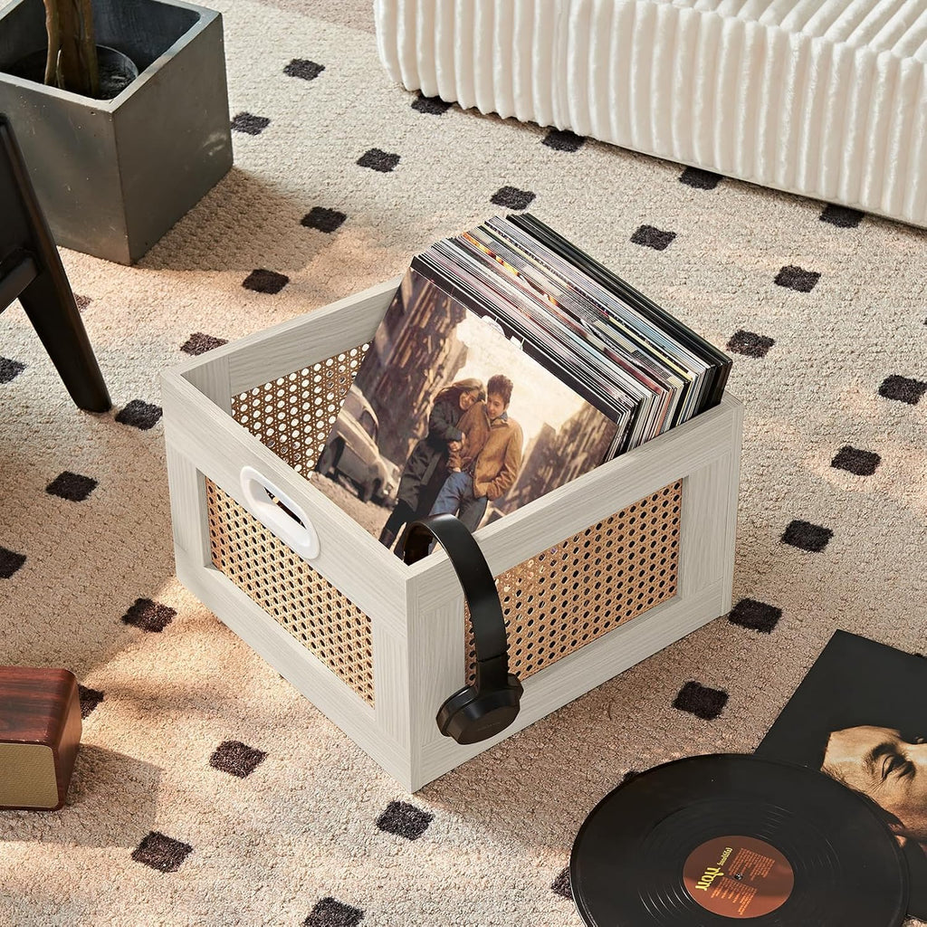 2 Pack Vinyl Record Storage Crates, Rattan Vinyl Record Holder