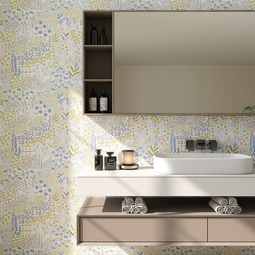 Boho Floral Peel and Stick Wallpaper, Wildflower Patchwork Removable Self Adhesive Wallpaper, Neutral Botanical Vinyl