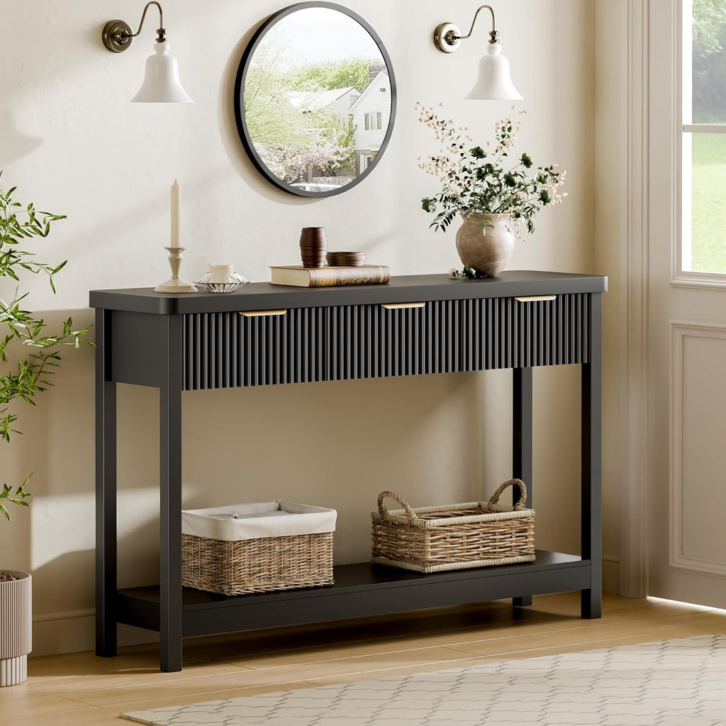 Fluted Console Table, 51 Inch Entryway Table with 3 Drawers | Scandi farmhouse look with quiet full-extension slides