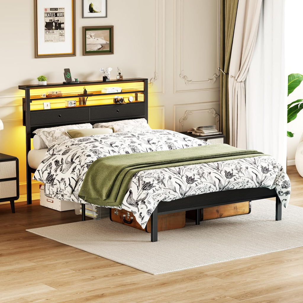 Full Size Bed Frame with Headboard & 2 Fabric Drawers, Black Oak