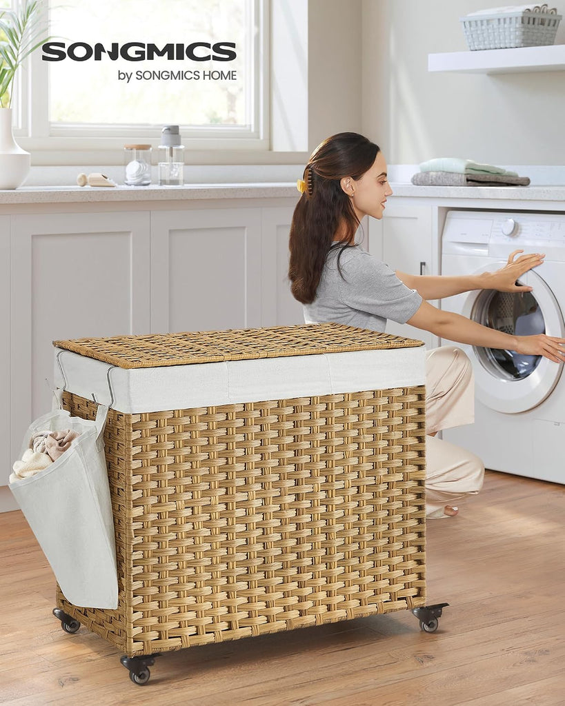 Laundry Hamper with Lid, 42.3 Gallons (160 L), Rolling Laundry Basket with Wheels, 3-Section Synthetic Rattan