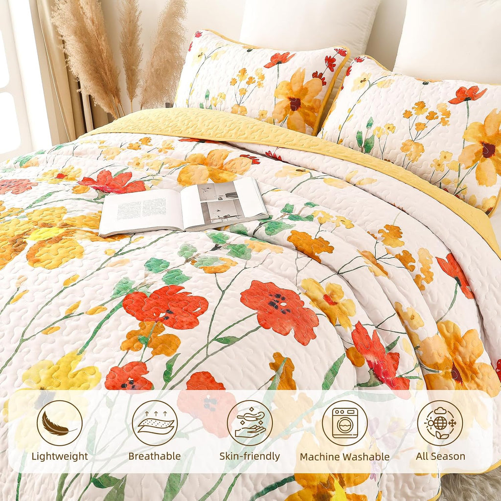Quilt Set, Yellow Floral Reversible Bedspread Soft Microfiber Lightweight Quilt Bedding Sets Reversible