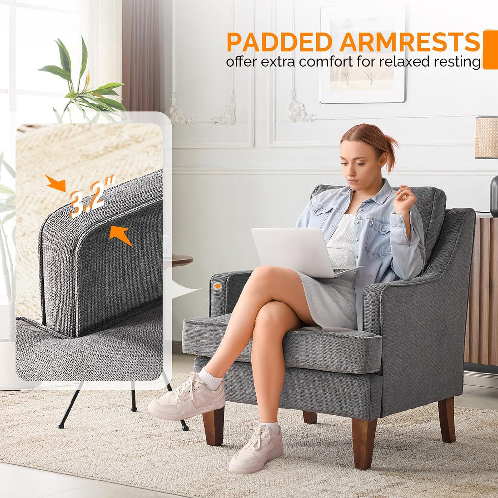 Mid-Century Modern Accent Chair, Light Grey Upholstered Armchair Comfy Sofa Chair Reading Chair High Back Bedroom