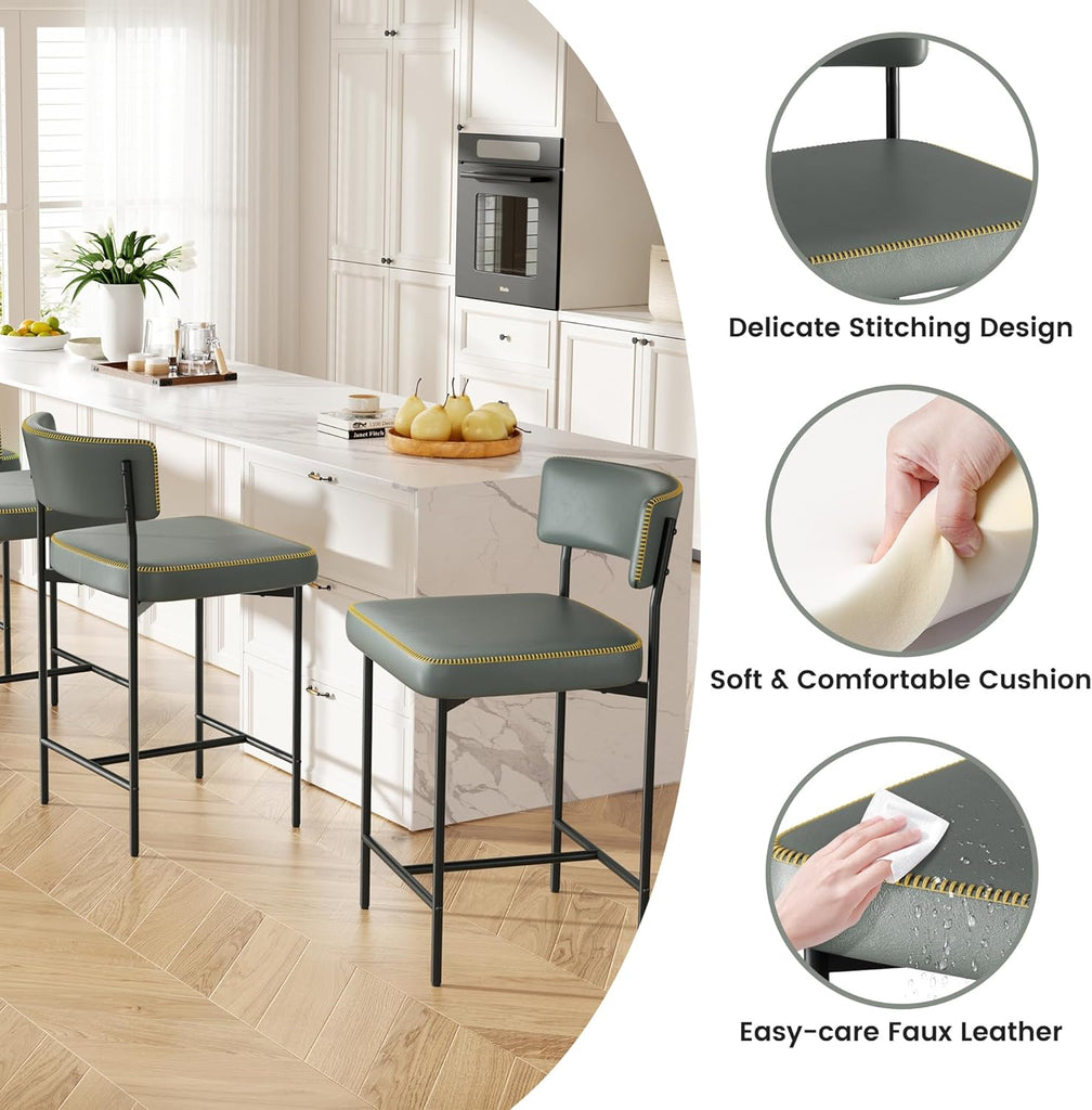 Bar Stools Set of 3, Faux Leather Counter Height Barstools with Curved Back, 25 Inch Upholstered Bar Chairs