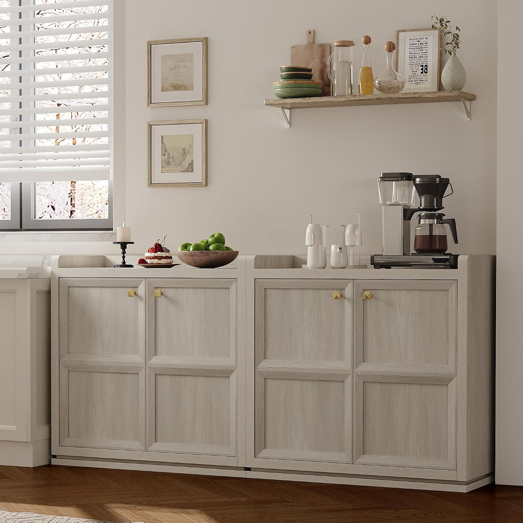 Sideboard Buffet Cabinet with 4 Doors & Shelves, Golden Handles | 68" wide; adjustable shelves; white oak accent