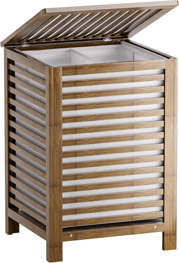 Double Laundry Hamper with Lid, 120L Bamboo Laundry Basket with Removable Liner Bag, 2-Section Clothes Divider