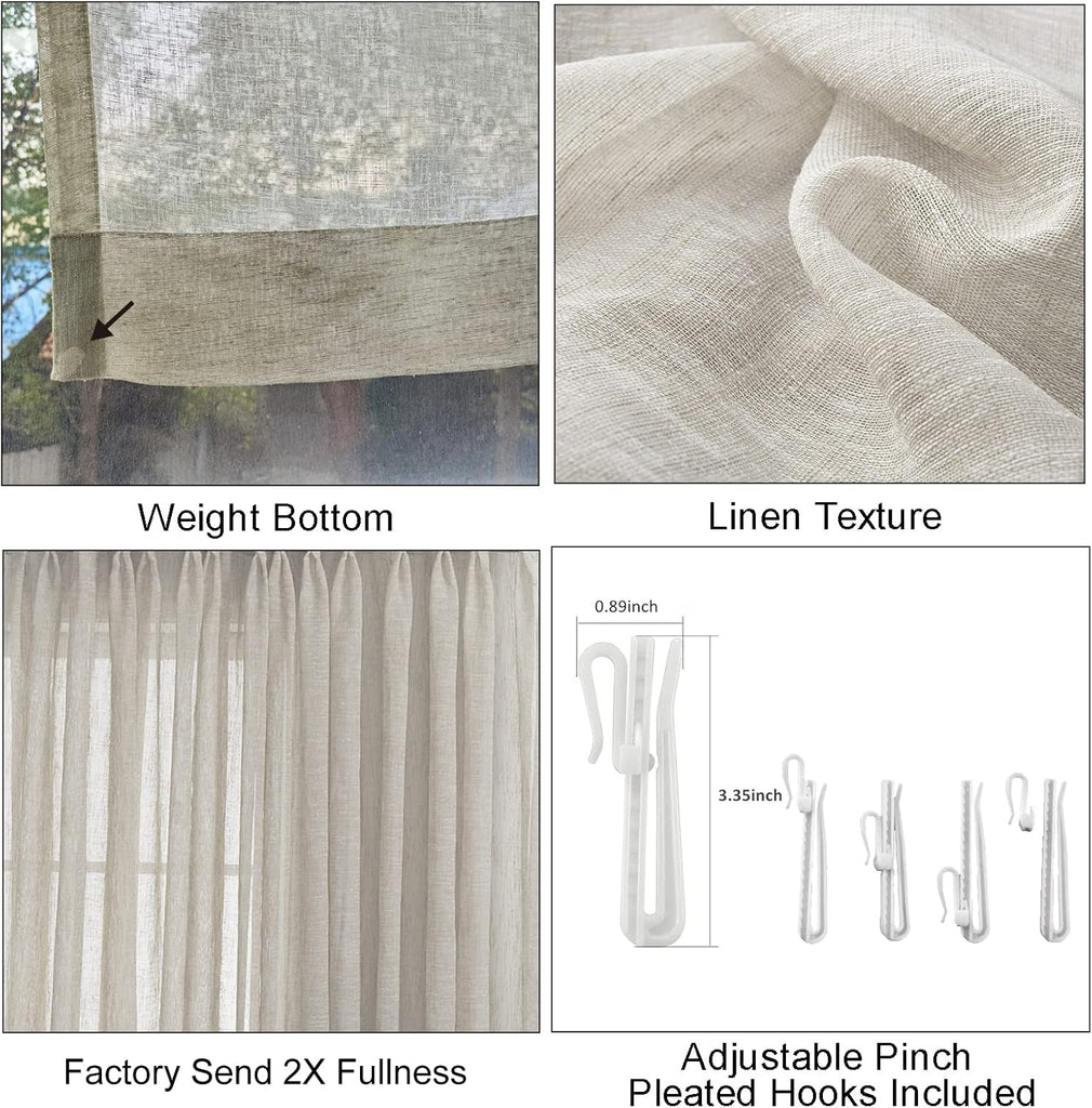 Sheer Curtains, Faux Linen Double Pleated Window Sheer Curtains Panels Drapery for Home, Hotel, Office