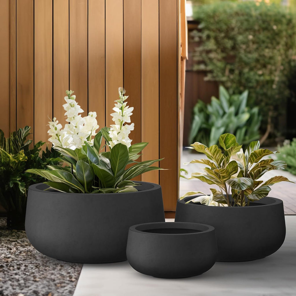 Set of 3 Black Concrete Bowl Planters 19.6" 16" 19.6" Dia | Drainage for Outdoor, Rubber Plug for Indoor Home