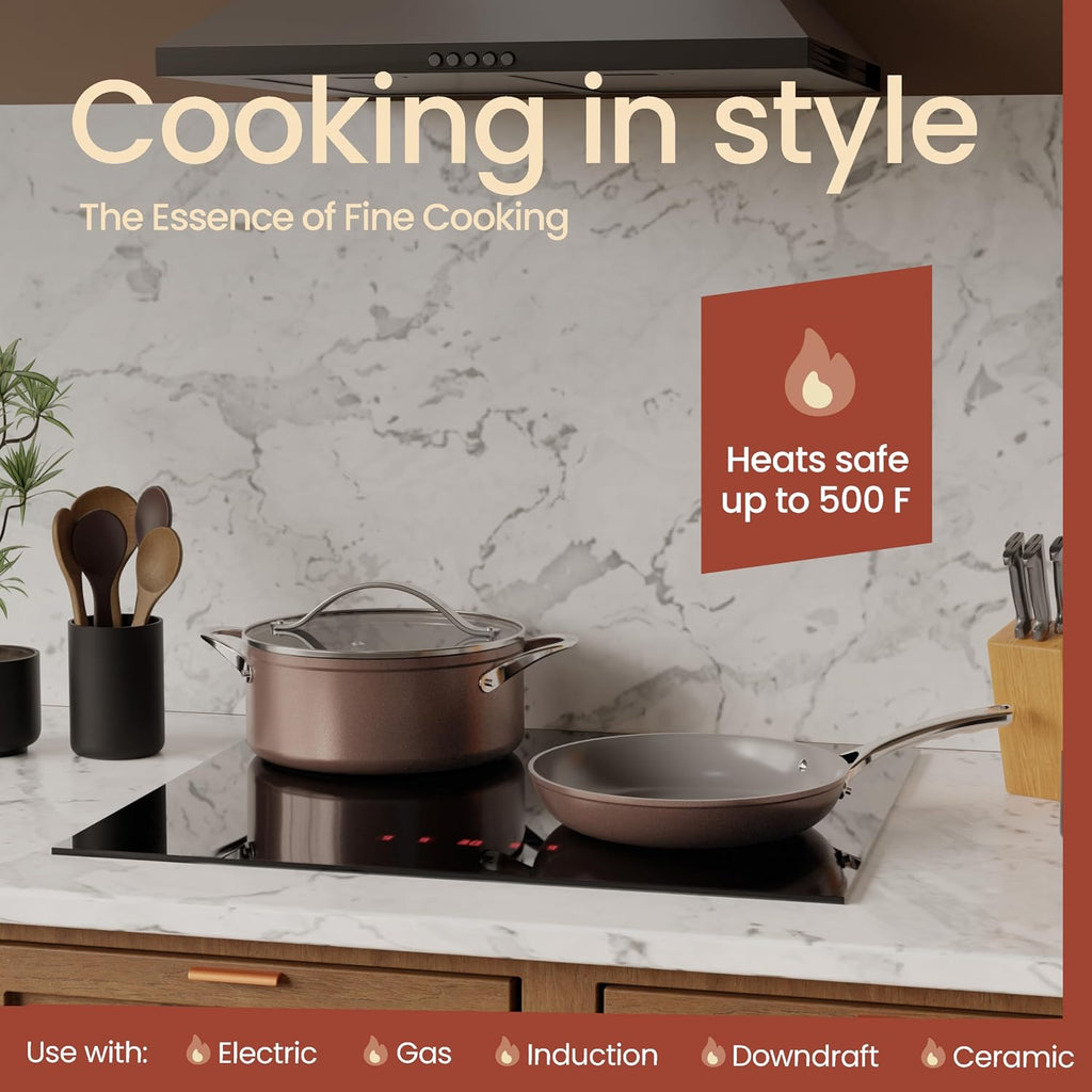Crystal Kung Minkoff Ceramic Cookware Set - 14-Piece Pots and Pans Set with Lids, Silicone Utensils & Oven Mitts