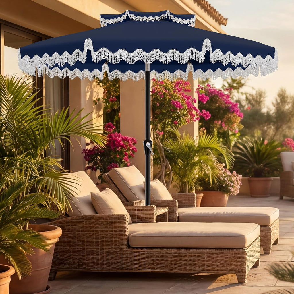 9ft Patio Umbrella with Fringe Tassels, Wind-Resistant Fiberglass Ribs - Navy