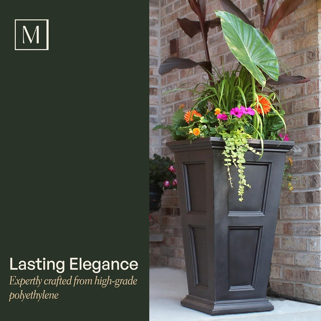 Fairfield 34in Self-Watering Tall Square Planter, Black | Self-watering, All season, Fade resistant, Reversible