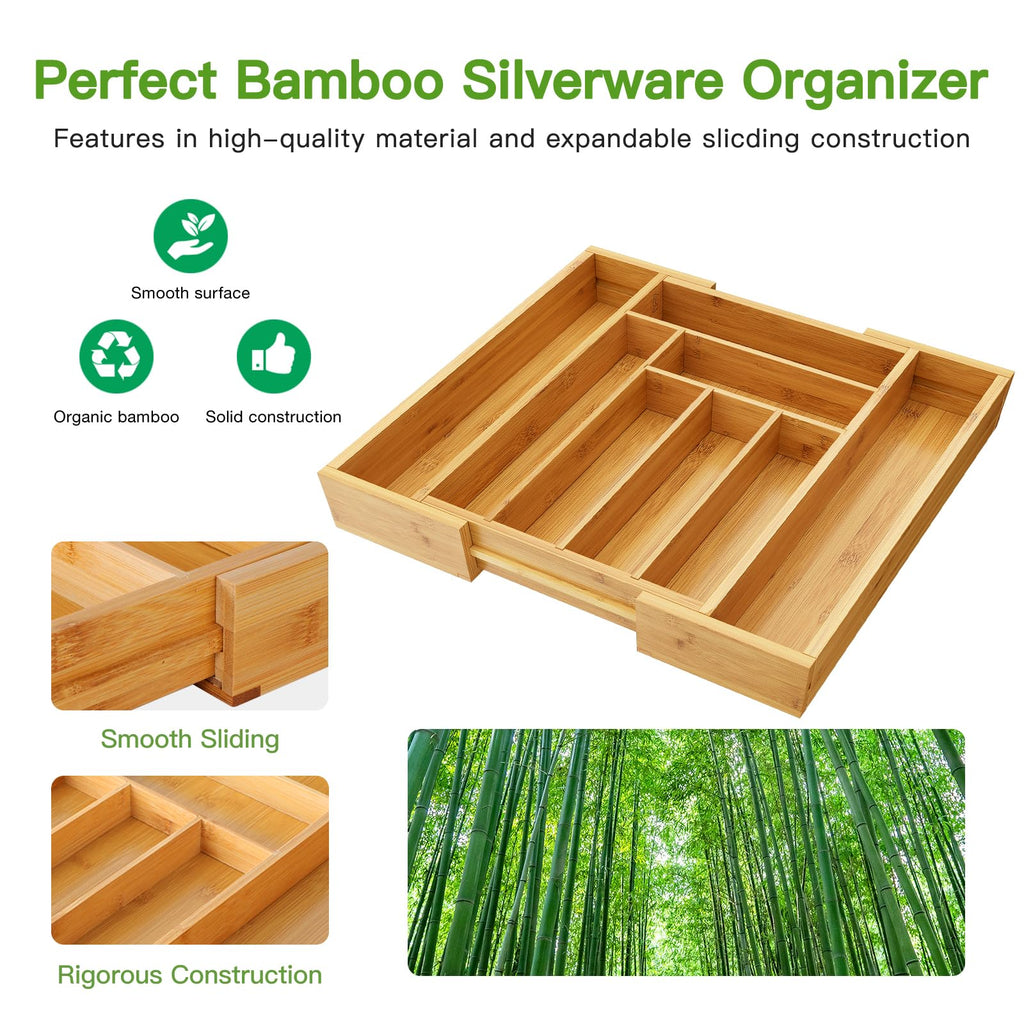 Expandable Bamboo Silverware Organizer, Large Kitchen Drawer Tray