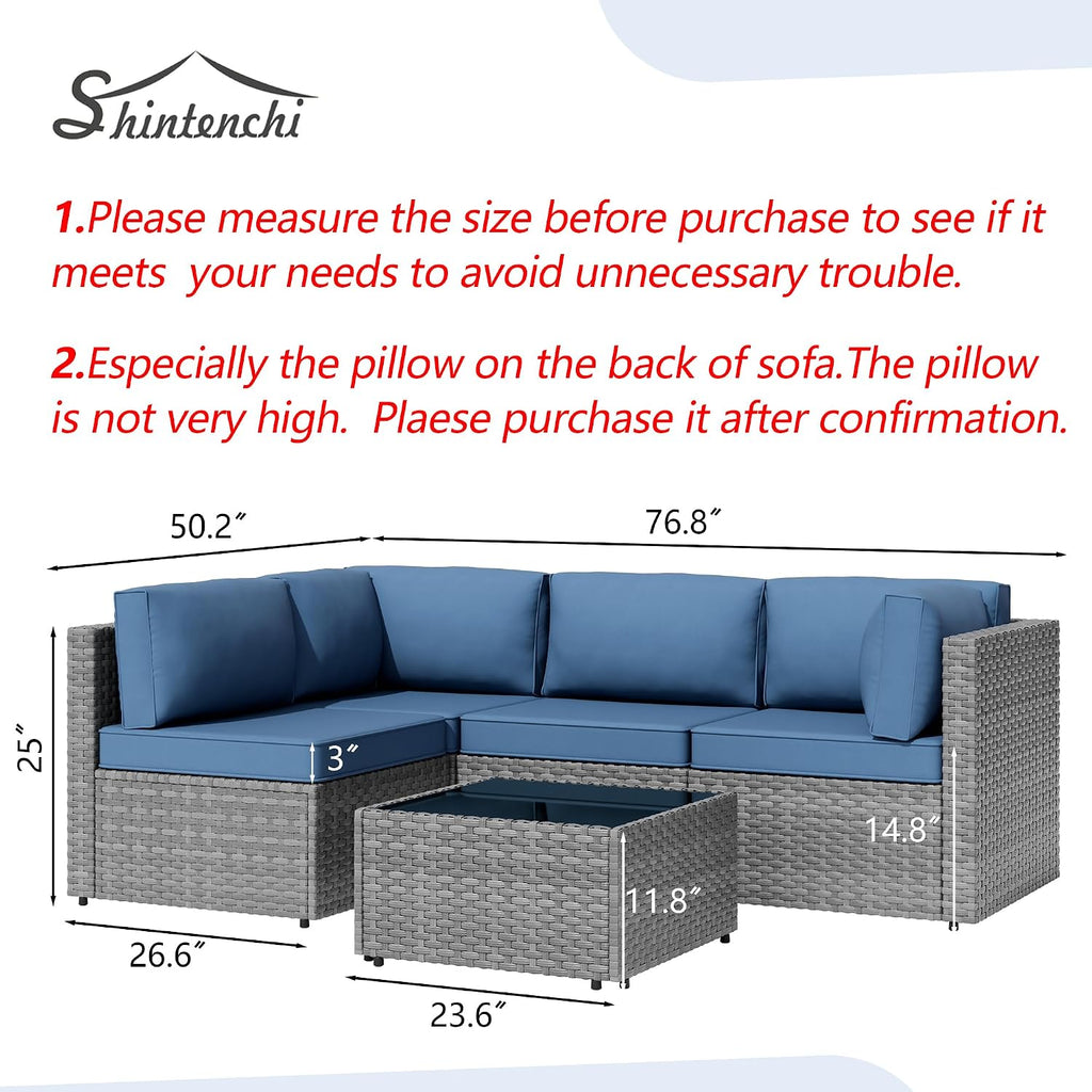 5 Piece Outdoor Sectional Sofa Set, All-Weather Wicker Rattan Patio Conversation Set - Gray & Aegean Blue